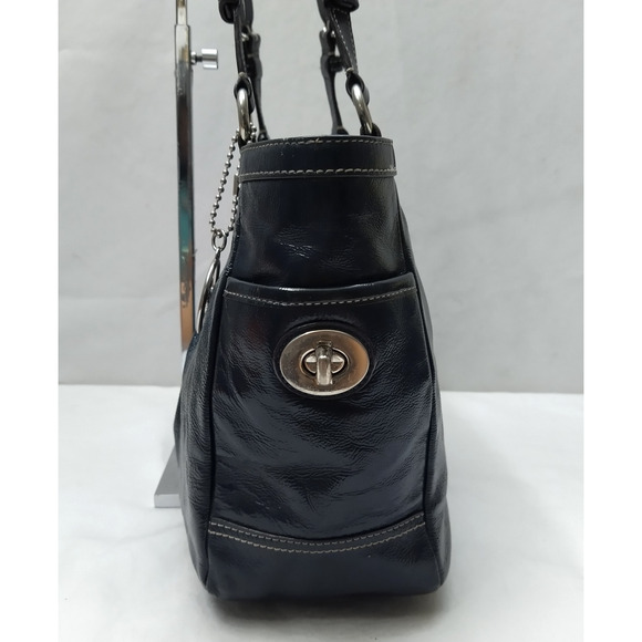 Coach Navy Blue Patent Leather Double Handles Zipper Closure Tote Bag - Picture 4 of 16
